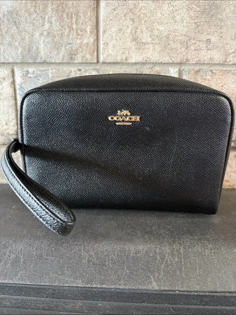 Coach Black Leather Wristlet Travel Pouch with Gold Logo